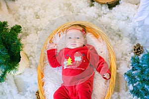 Cute newborn baby in a Christmas costume in a basket of wood