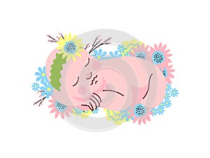 Cute Newborn Baby Girl in Flower Headband Sleeping on Spring Flowers Vector Illustration