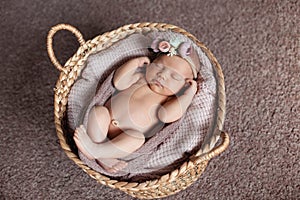 Cute newborn baby girl wearing flower headband sleeps in basket.