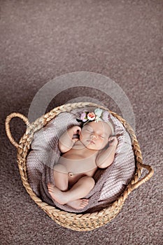 Cute newborn baby girl wearing flower headband sleeps in basket.