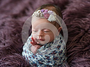 Cute newborn baby girl wrapped in floral cocoon