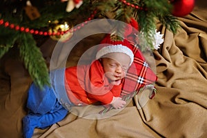 Cute newborn baby in Santa hat. Sleeping baby under the fir-tree. Closeup portrait of newborn baby. Baby goods packing template. N