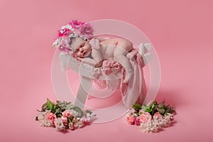 Cute newborn baby is sleeping, with flowers. On a pink background