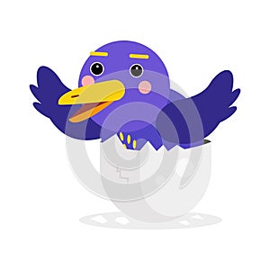 Cute newborn blue bird character, funny chick in egg cartoon Illustration