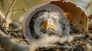 Cute Newborn Eaglet Peering From Its Eggshell In A Nest. Biodiversity, Birdwatching. AI Generated