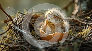 Cute Newborn Eaglet Peering From Its Eggshell In A Nest. Biodiversity, Birdwatching. AI Generated