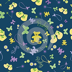 Cute Newborn seamless pattern.Baby background with baby's dummy, bootees, bear.
