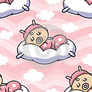 Cute Newborn Sleeping on Pillow Among the Clouds Seamless Vector Pattern