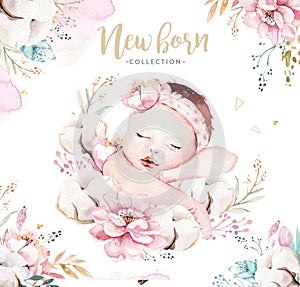 Cute newborn watercolor baby. New born child illustration girl and boy painting. Baby shower isolated birthday painting