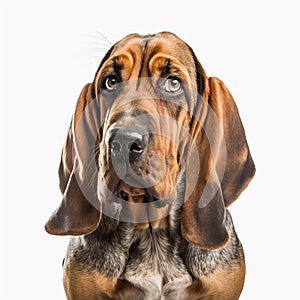 Cute nice dog breed bloodhound with big ears isolated on white close-up,