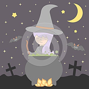 Cute nice young cartoon witch cooks a potion in the cauldron in the night halloween illustration