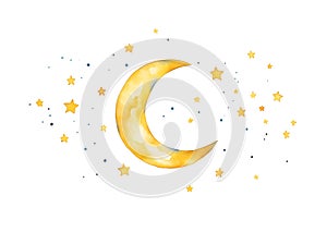 Cute Night Moon Stars Watercolor. Night Sky with Lot of Shiny Stars. Vector illustration. Hand Drawn illustration. baby shower