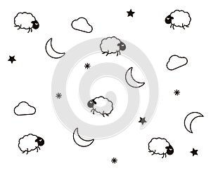 Cute night seamless pattern background for kids bedtime sleeping. Vector wallpaper illustration with clouds, moons, stars, sheeps