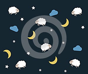 Cute night seamless pattern background for kids bedtime sleeping. Vector wallpaper illustration with clouds, moons, stars, sheeps