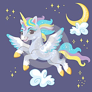 Cute night unicorn with wings vector illustration