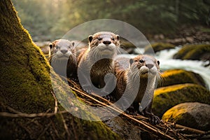 Cute North American River Otters on the bank of a river, created with Generative AI technology