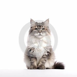 Cute Norwegian Forestcat youngster, sitting facing front. Beautiful white, grey fluffy cat, front view. Cute kitten