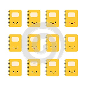 Cute notebook character vector cartoon emotion textbook with childish face expression on notebook cover