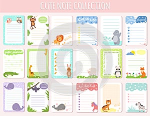 Cute notes collection, vector illustration. Kids daily planner banner set for school education. Organizer for cartoon