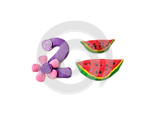 Cute number 2, delicious fruit dough, watermelon slices clay, white background
