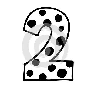 Cute number 2. Hand drown vector two with polka dot. Design for baby birthday, baby party decor, logo, sticker, greeting card,