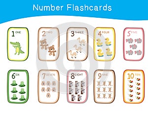 Cute number flashcards with animals set 1-10