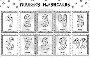 Cute numbers 1-10 black and white flashcards collection. Flash cards for coloring