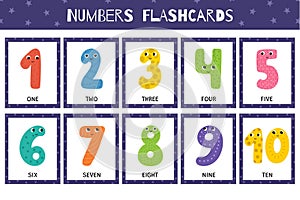 Cute numbers 1-10 flashcards collection. Learning numbers for preschool