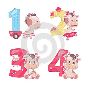 Cute numbers with baby giraffe cartoon illustrations set