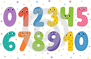 Cute numbers for kids. Collection of happy numbers in cartoon style. Educational clipart set