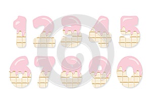 Cute numbers set for birthday design. White chocolate with melted pastel pink cream. Girly.