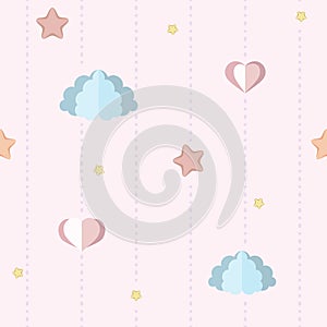 Cute nursery, children`s bedroom wallpaper with paper clouds, stars and hearts. Seamless pink pattern with dotted stripes.