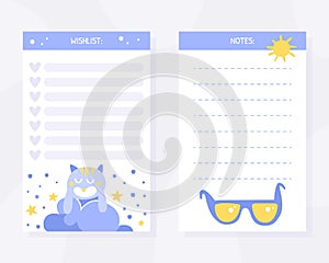 Cute Nursery Notes and Wish List Design with Blue Lovely Cat and Sunglasses Vector Card Template