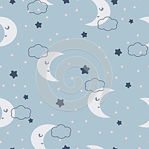 Cute nursery seamless pattern. Moon with stars and clouds on a blue background. Vector simple childish hand-drawn