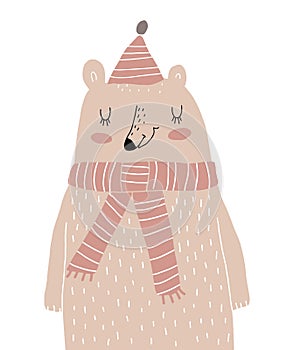 Cute Nursery Vector Art with Big Happy Grizzly Bear in a Woolen Hat.