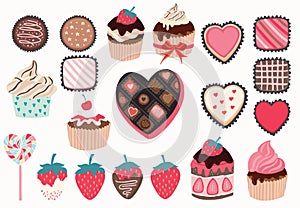 Cute object valentine collection with chocolate,strawberry,cupcake.Vector illustration for icon,logo,sticker,printable