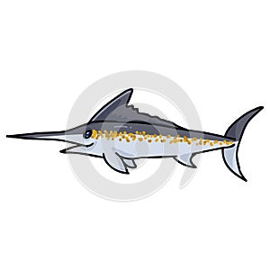 Cute ocean marlin cartoon vector illustration motif set. Hand drawn isolated sea life swordfish elements clipart for
