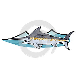 Cute ocean marlin with wave cartoon vector illustration motif set. Hand drawn isolated sea life swordfish elements