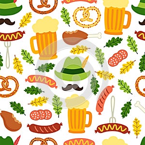 Cute Octoberfest seamless background beer, sausage, pretzel, hunting hat with feather, mustache and oak leaves