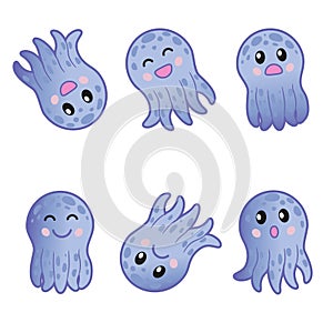 Cute octopus with different expressions of emotions