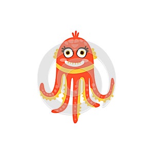 Cute octopus, funny sea creature hand drawn vector Illustration