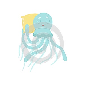 Cute Octopus Sea Creature Sleeping on Pillow Vector Illustration