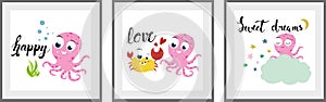 Roztomilý chobotnice sada skládající se z plakáty školka dítě dekorace dětinský styl perfektní tkanina vytisknout označení organizace nebo instituce karty 