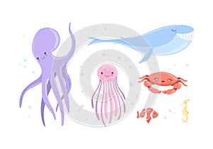 Cute Octopus, Whale, Crab, Jellyfish and Seahorse as Sea Animal Floating Underwater Vector Set