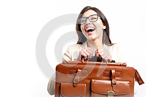 Cute Office Girl Holding Leather Satchel and Laughing