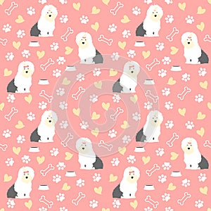 Cute Old English Sheepdog puppy seamless pattern background with hand drawn bones, bowl, paws and hearts. Cartoon dog puppy.