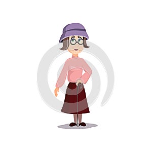 Cute old granny with violet hat and wood walking stick