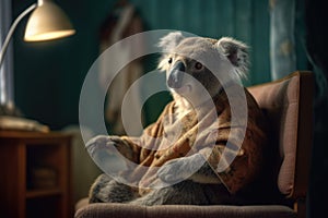 cute old koala sitting in a chair at home, Generative AI