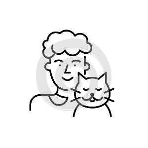 Cute old lady and her cat. Pet lover icon. Pixel perfect, editable stroke design
