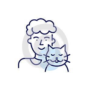 Cute old lady and her cat. Pet lover icon. Pixel perfect, editable stroke line design